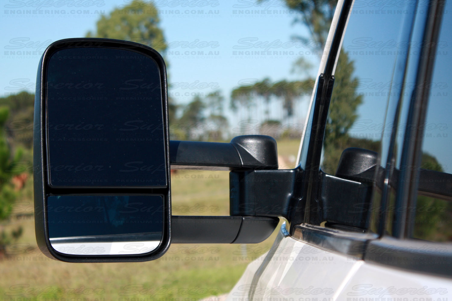 Right top view of mirror side of a Clearview Towing Mirror fitted to a late model Pajero