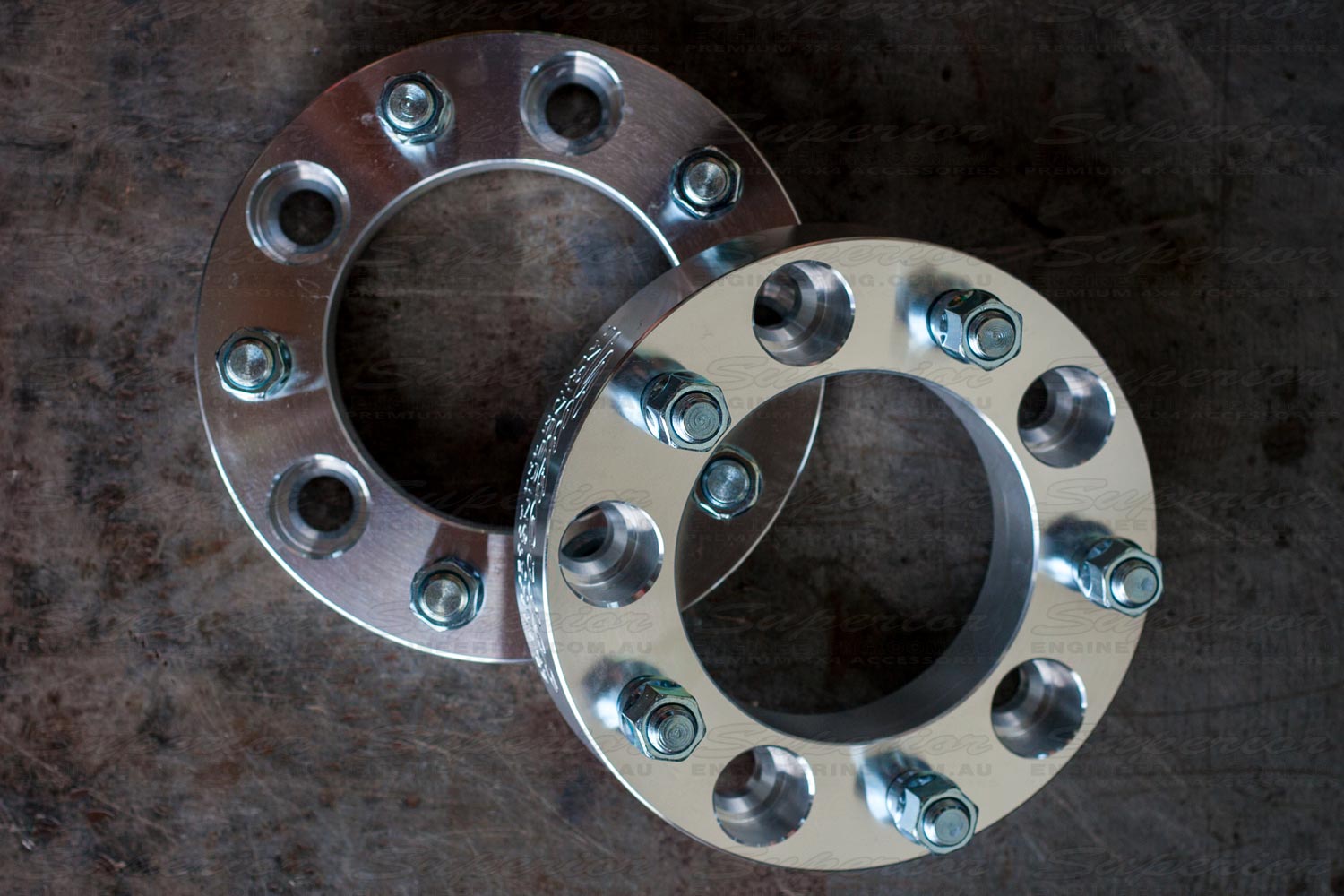 Top view of a pair of premium Superior 5 stud 2 inch wheel spacers