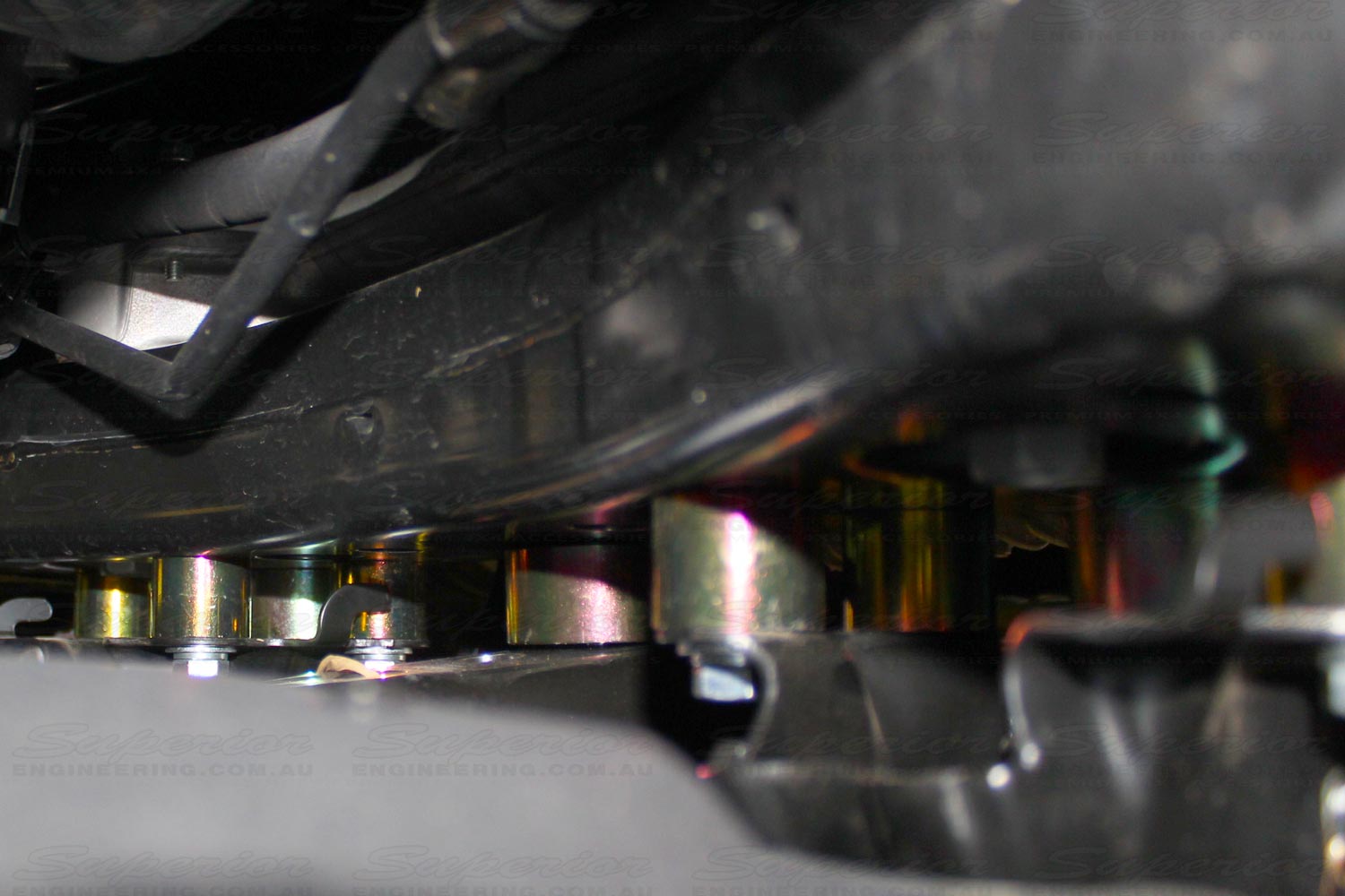 Closeup view of the Superior Diff Drop spacers fitted in the 200 Series