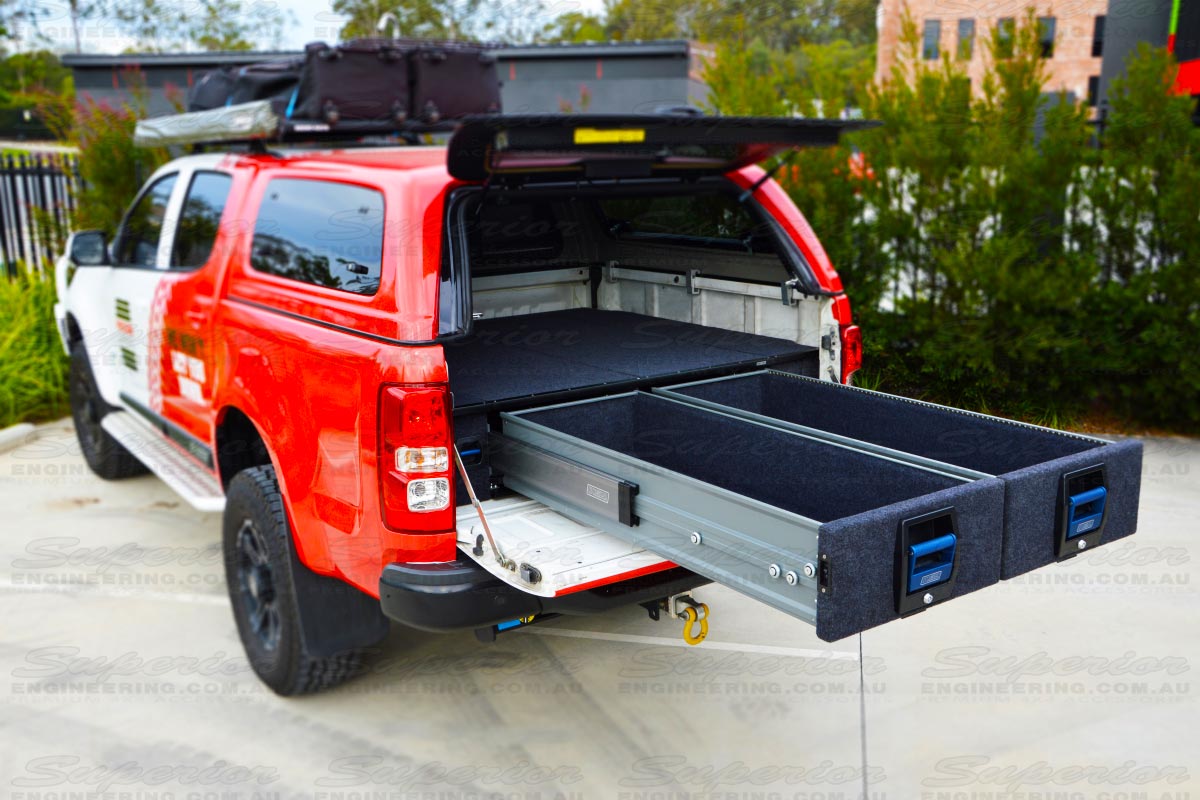 Rear side view of the dual drawers fully extended displaying the pro-glide system and safe and secure locking system