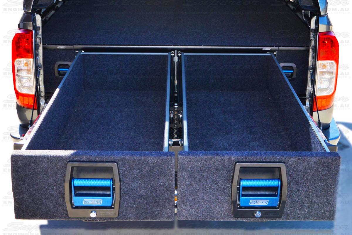 Closeup view of the MSA 4x4 dual drawers fully extended displaying the massive amounts of storage area
