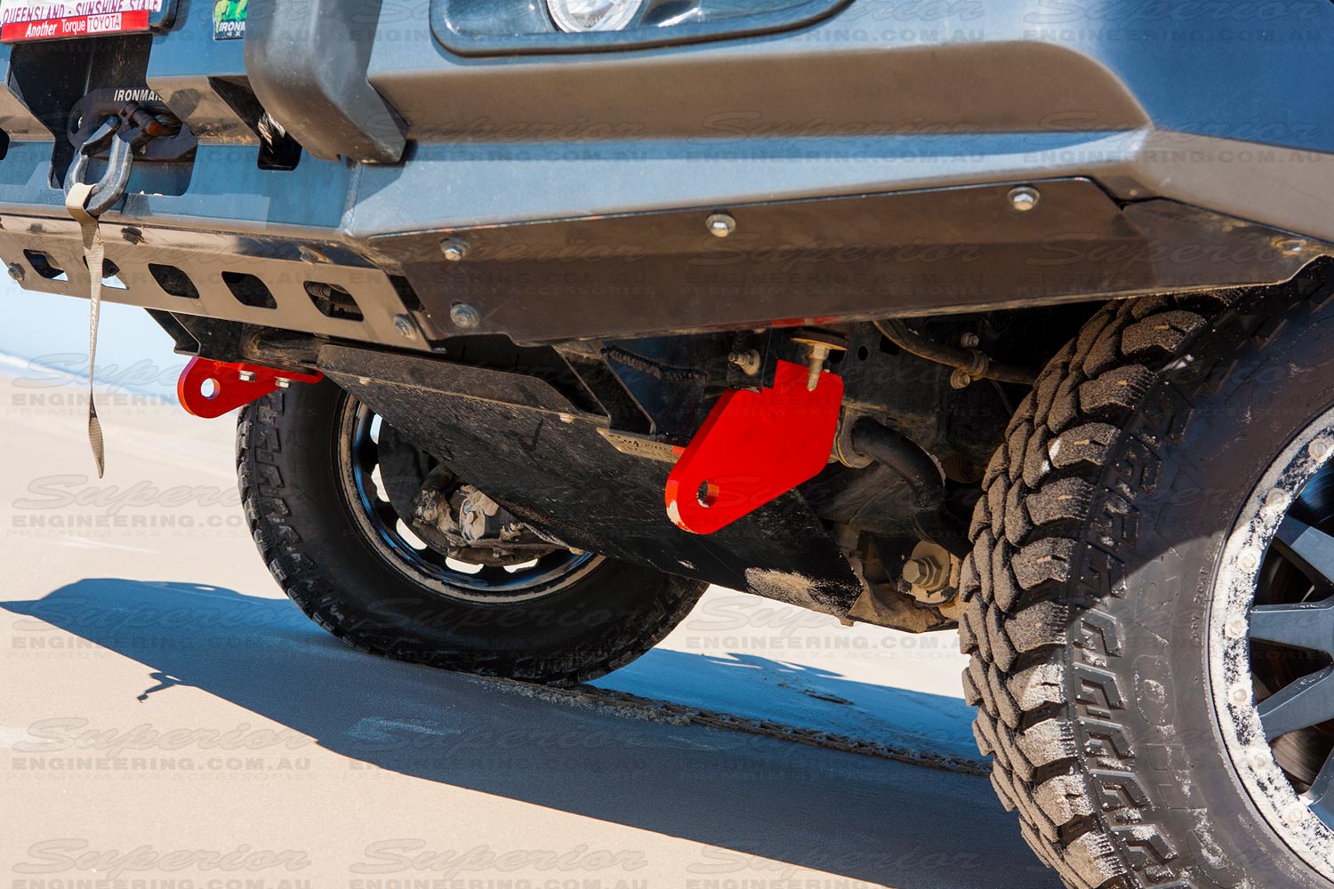 Closeup view of a pair of 200 Series Landcruiser recovery points fitted in the optimal location to handle the stresses experienced during vehicle recovery
