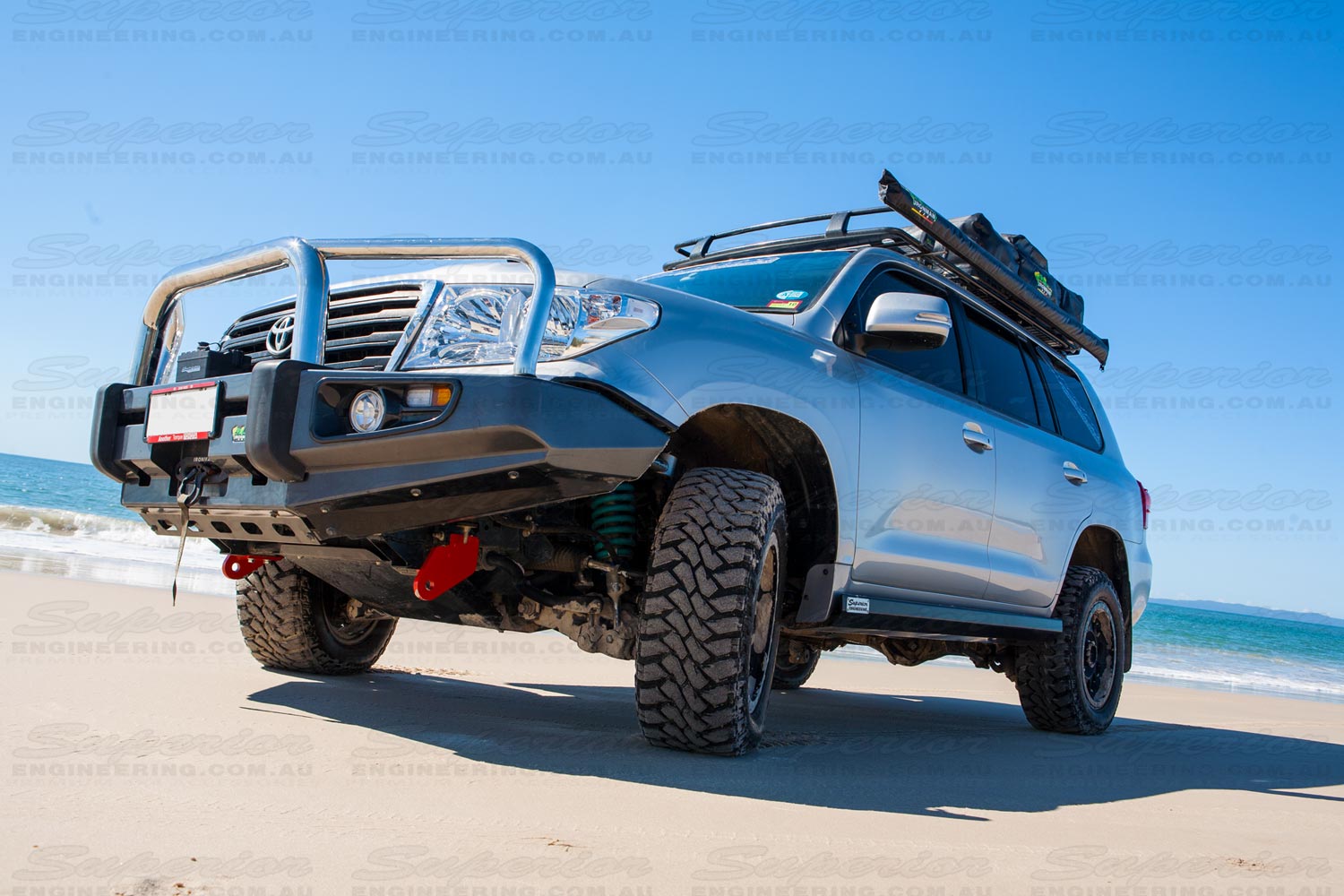 Left side view of a 200 Series Toyota Landcruiser on the beach at Bribie Island fitted with a set of recovery points