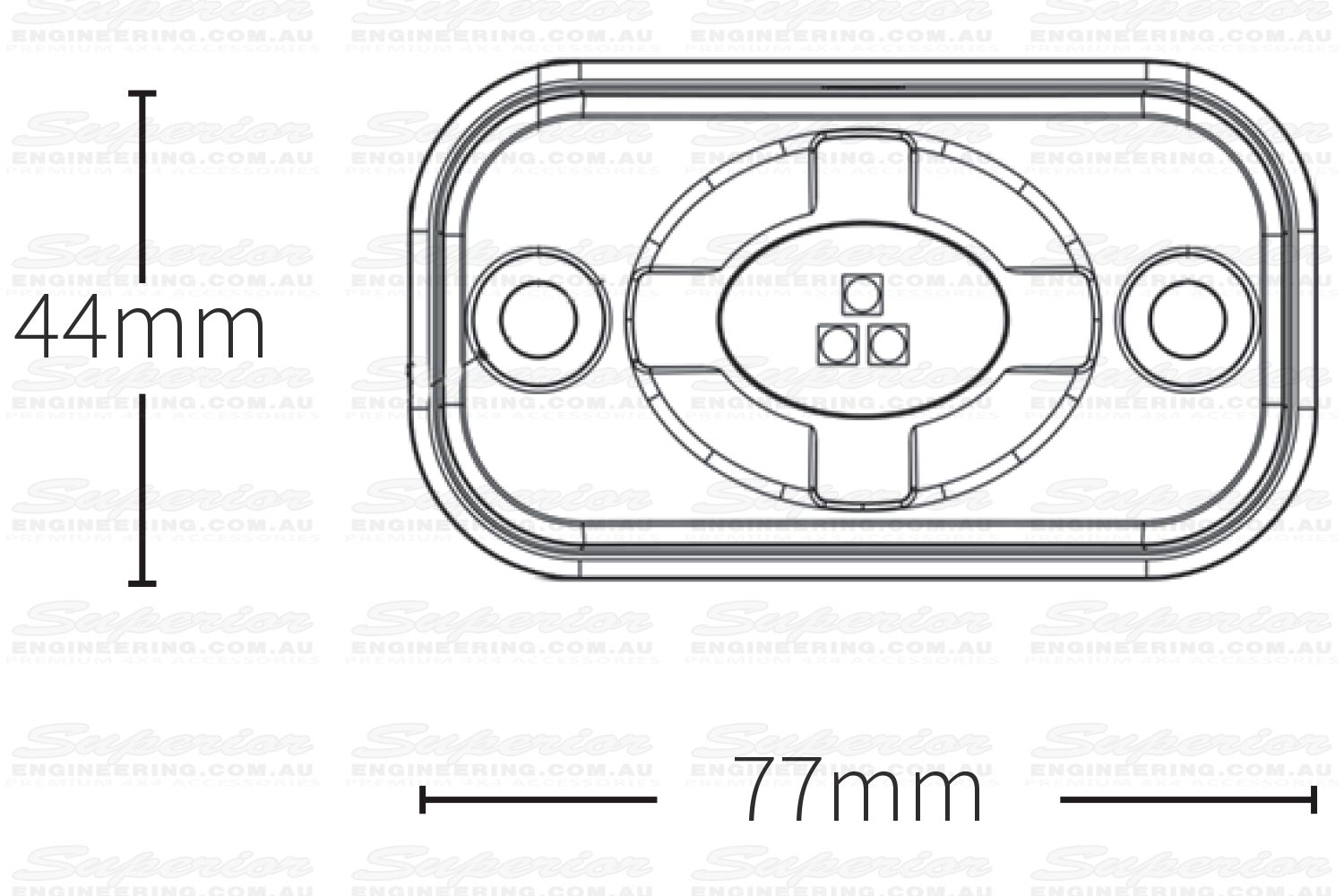 Top view wire diagram of the ROK9 showing the dimensions of 77mm x 44mm